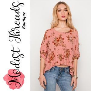 Pink Floral Multi Peach High Low Round Neck Top